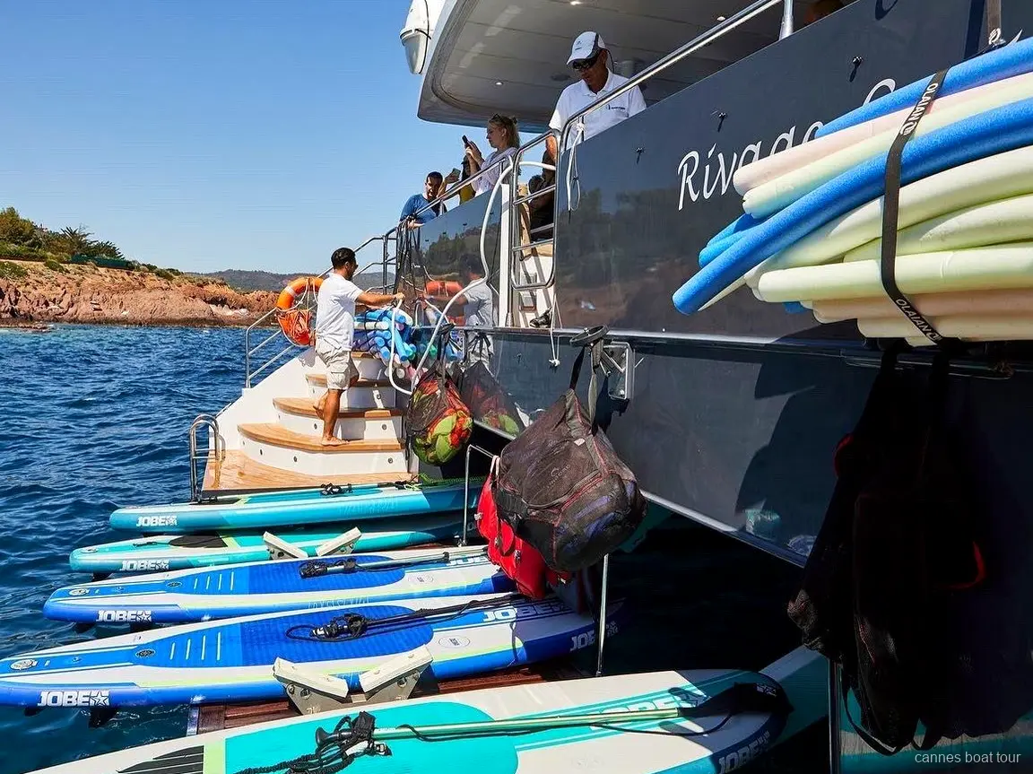 Snorkeling gear ready for guests on the Cannes catamaran boat tour